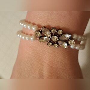 White Pearl Double-Row Bracelet with Clear Crystal Flower Accent